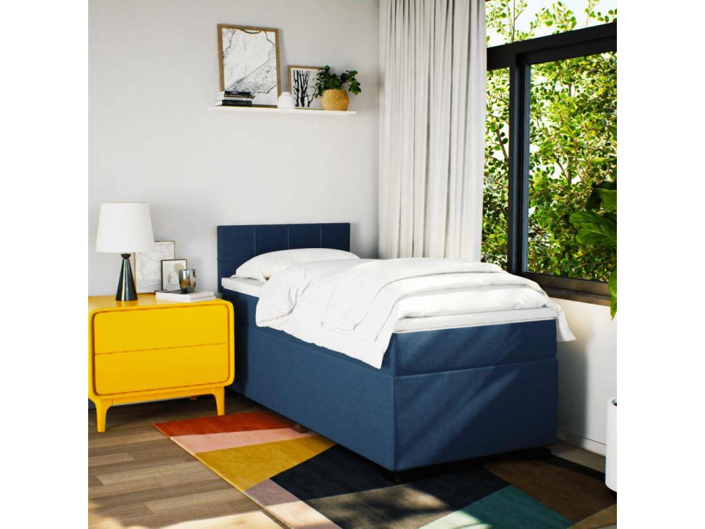 100 x 200 cm Box Spring Bed with Mattress Wood Fabric Blue