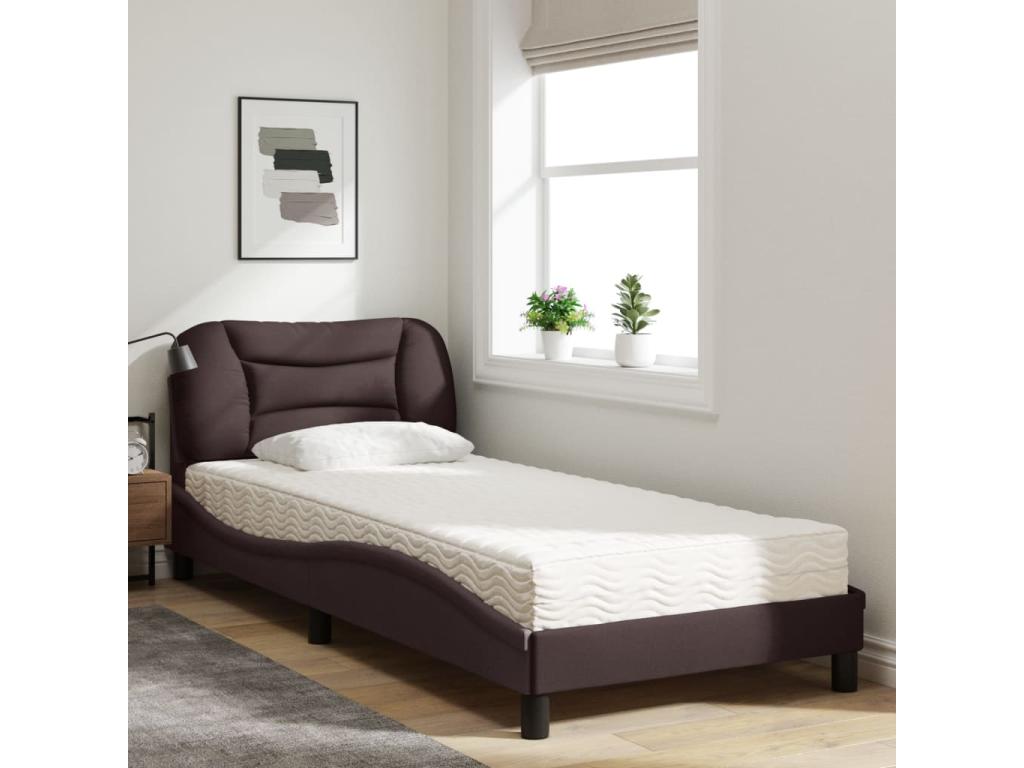 90 x 200 cm Bed with Mattress Wood Fabric Brown