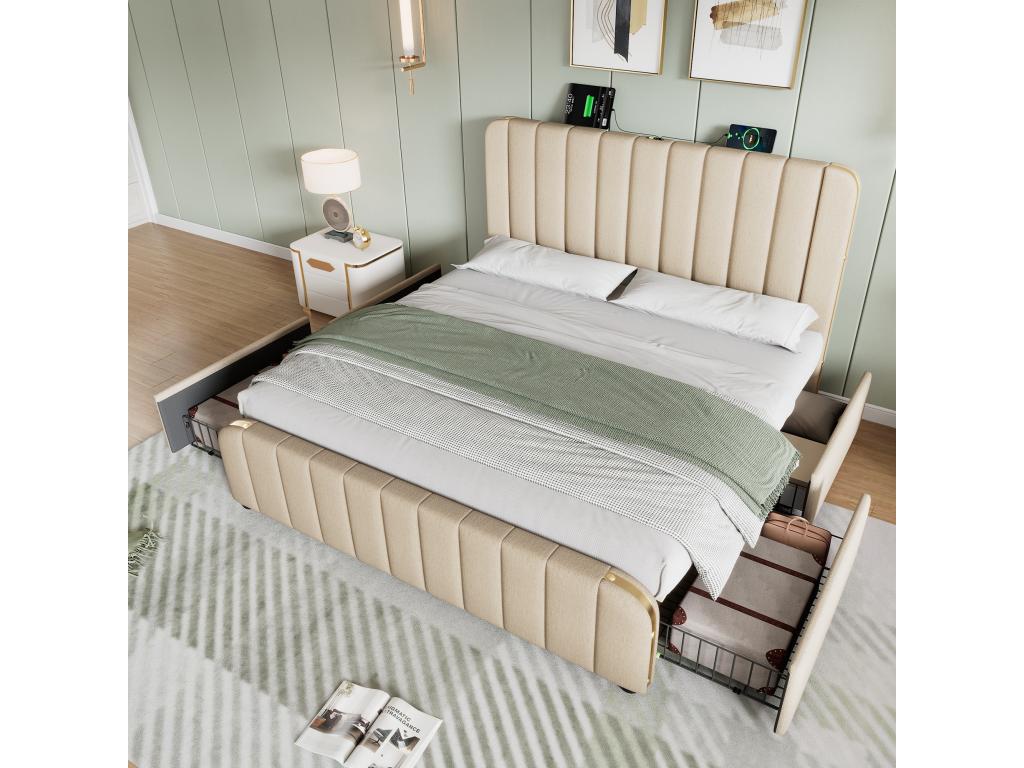 160 x 200 cm Bed 4-drawer without Mattress Fabric Beige