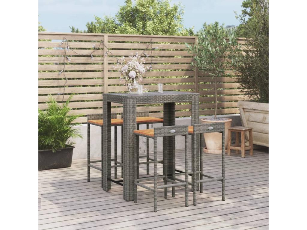 100 x 60 x 110 cm Outdoor Bar Set 5-piece Solid Wood Rattan Gray