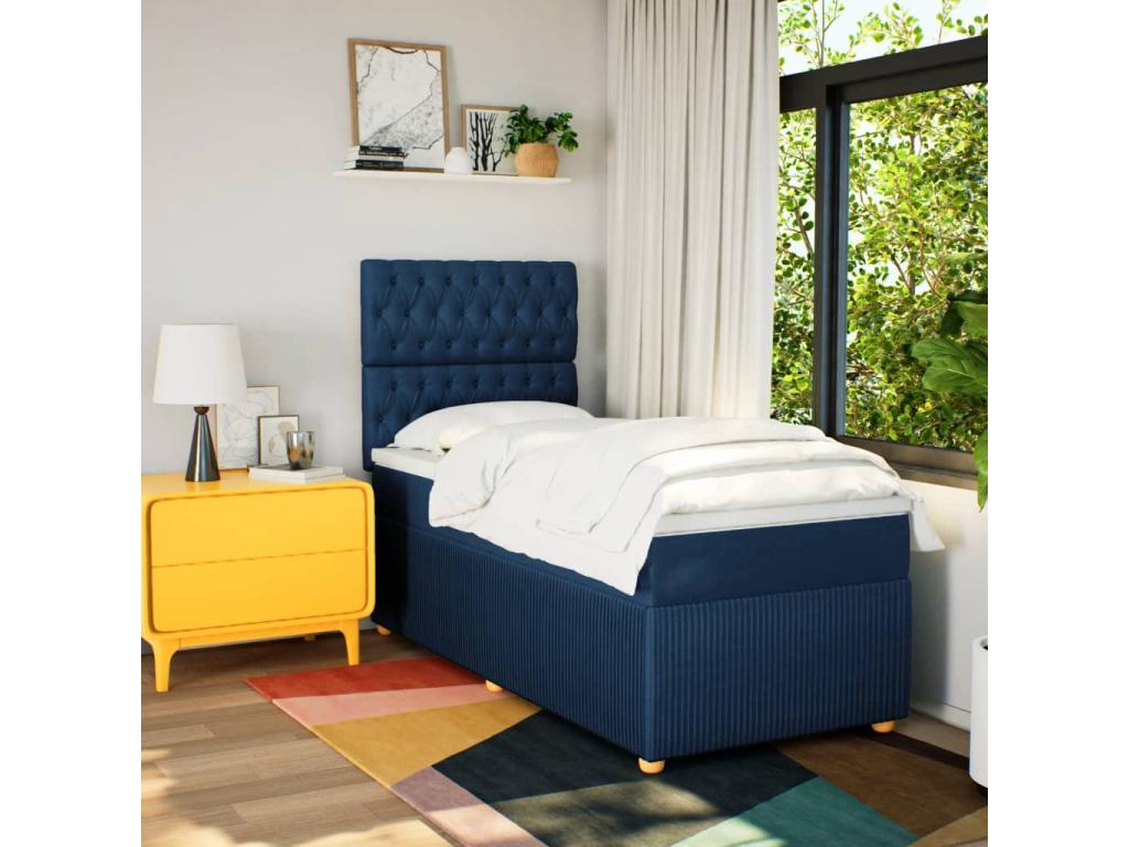 90 x 190 cm Box Spring Bed with Mattress Wood Fabric Blue